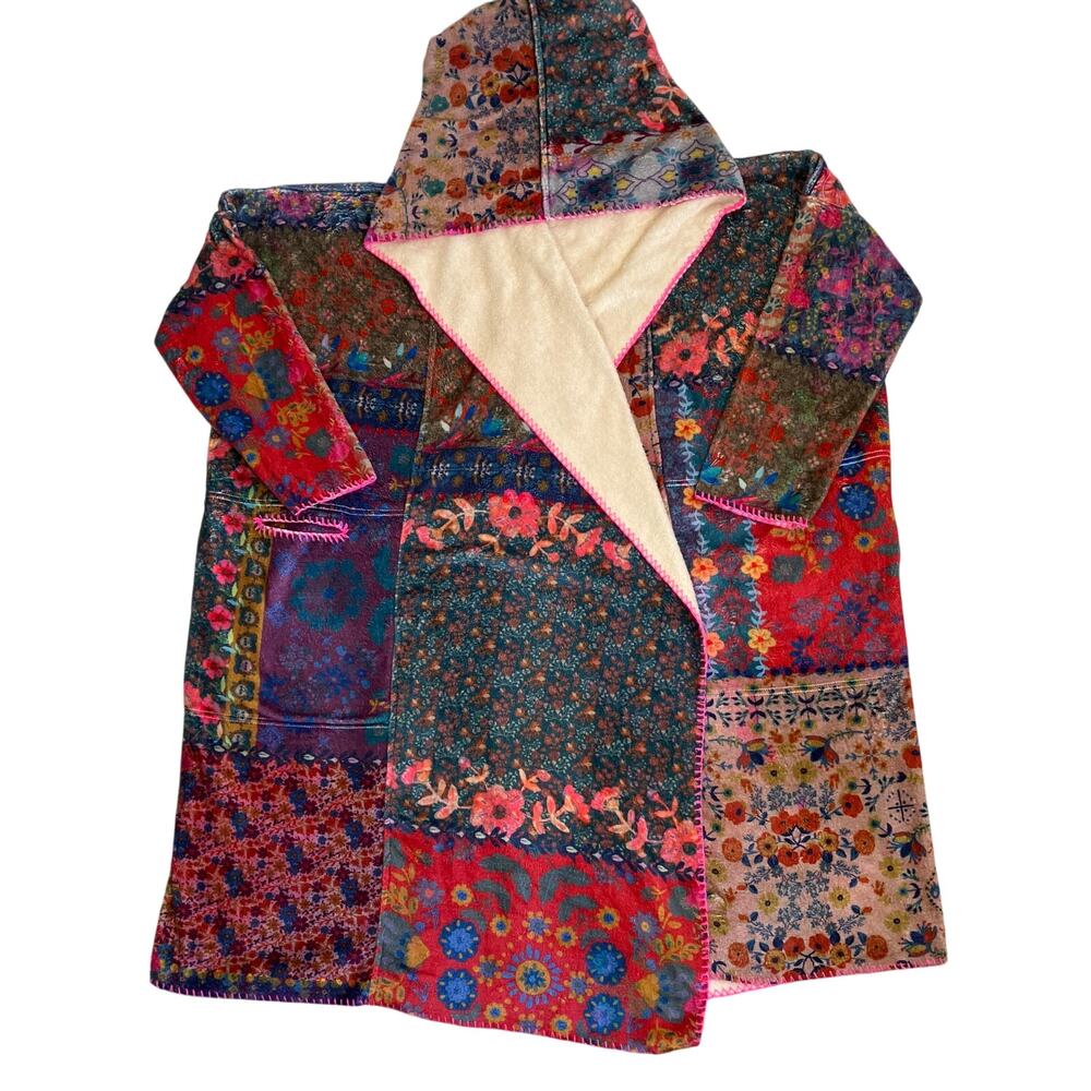 Natural Life Sz S/M Cozy Blanket Kimono Patchwork Floral Print Hood & Pockets - Picture 10 of 16